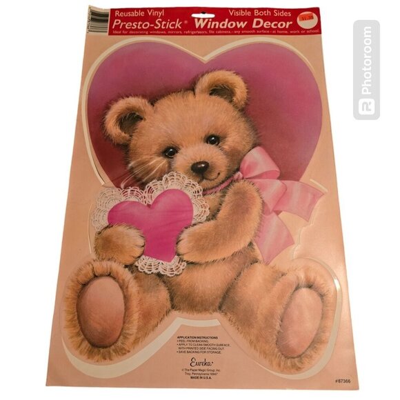Vintage Eureka Valentine's Day Teddy Bear Window Cling Decor - Picture 1 of 9